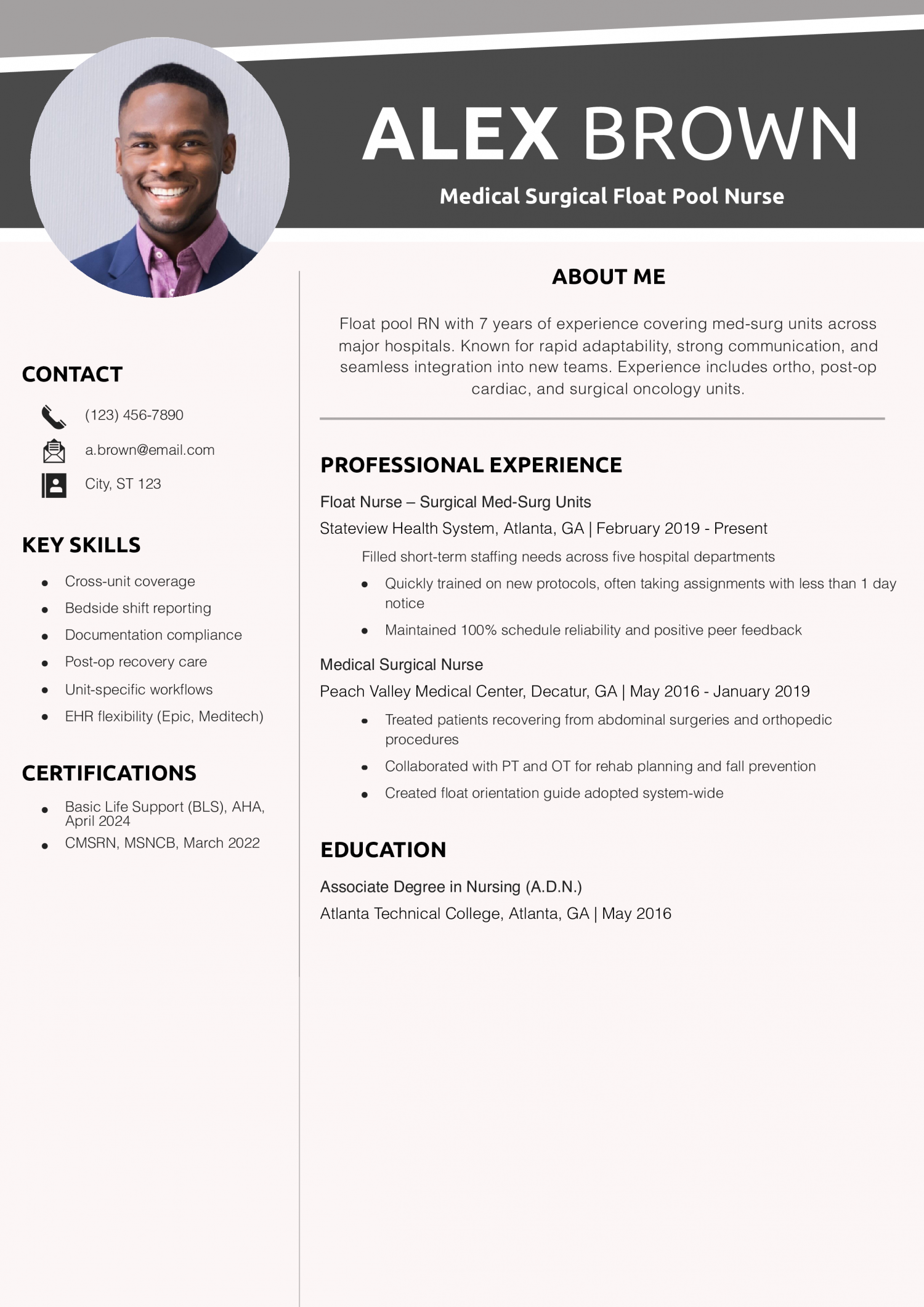Medical Surgical Float Pool Nurse Resume Example