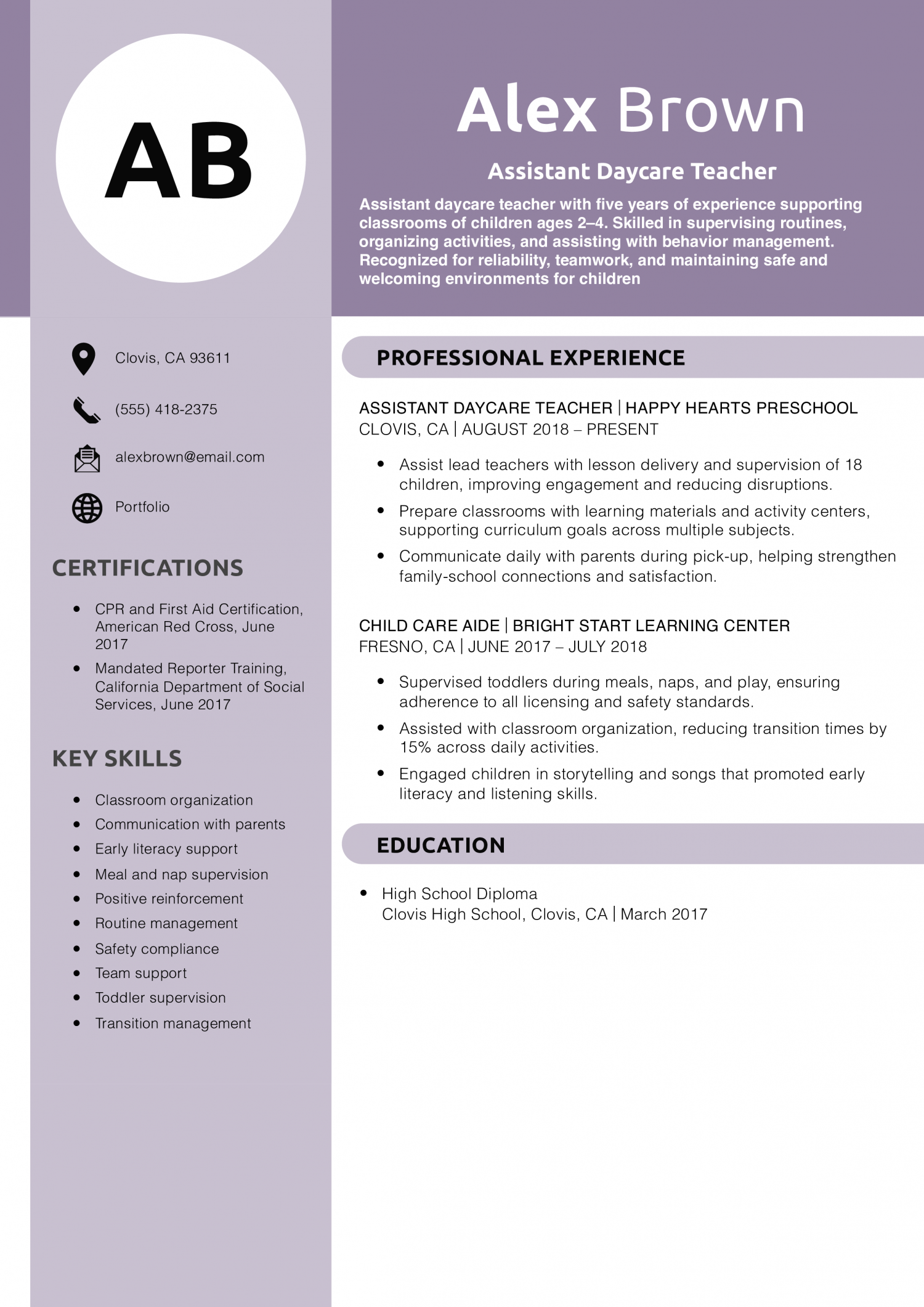 Assistant Daycare Teacher Resume