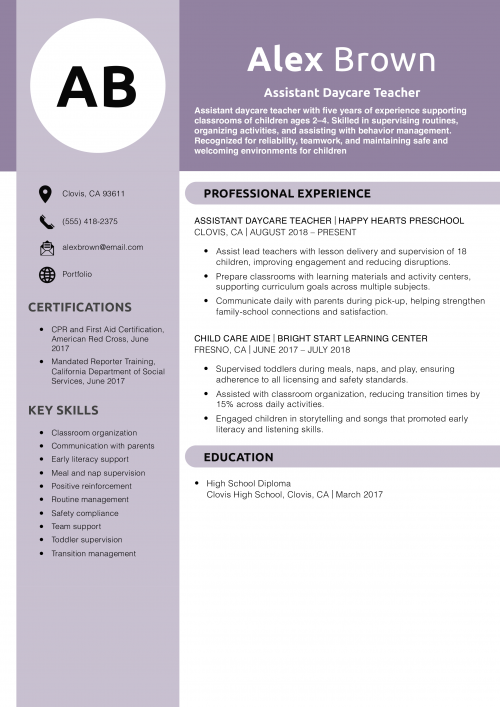 Assistant Daycare Teacher Resume