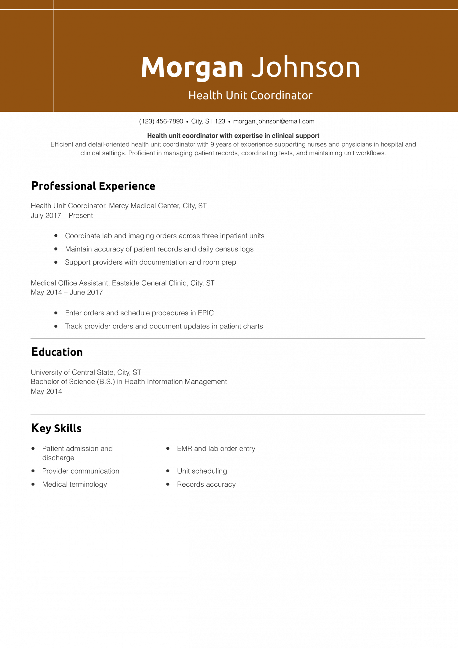 Health Unit Coordinator Resume Example