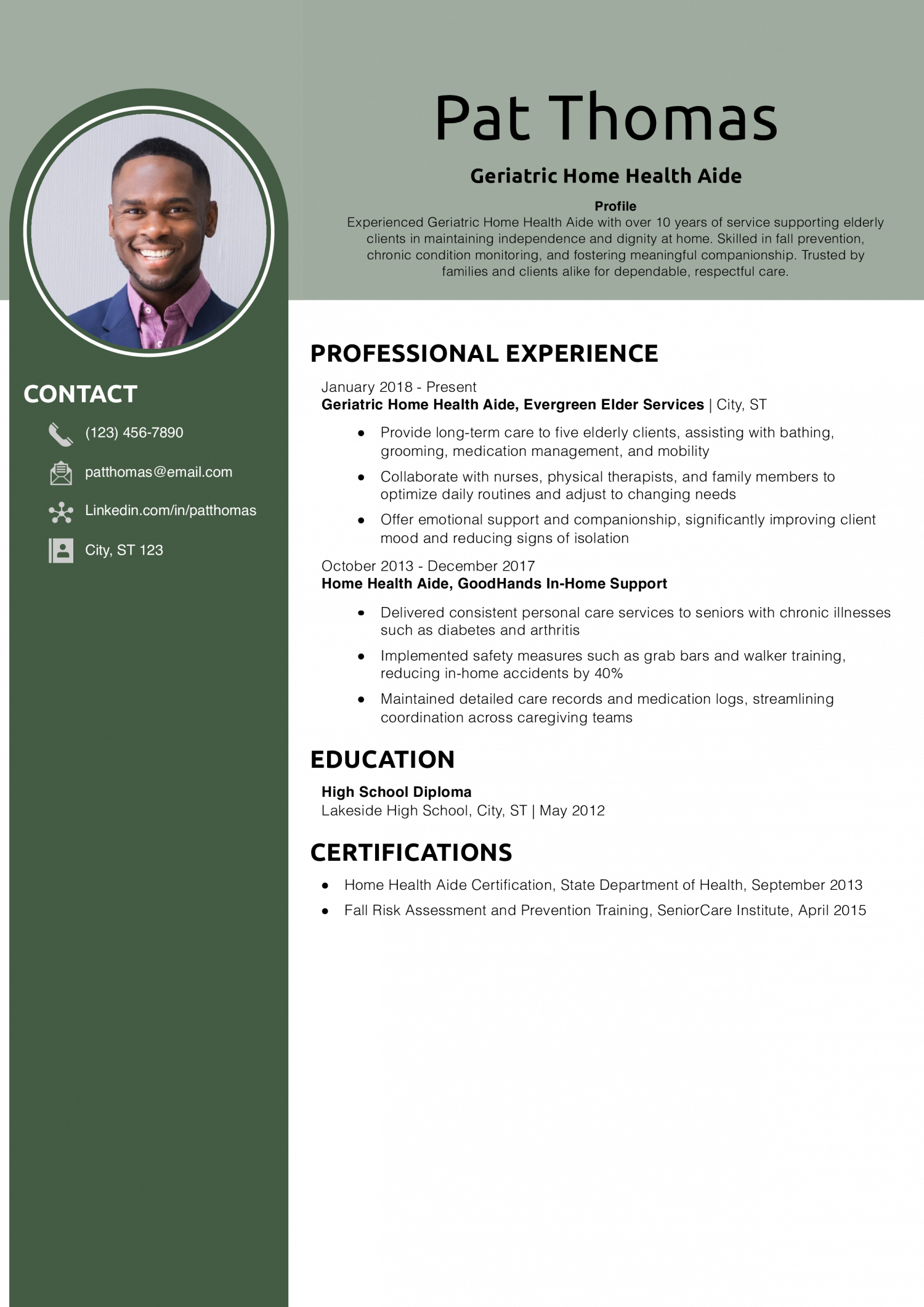 Geriatric Home Health Aide  Resume Example