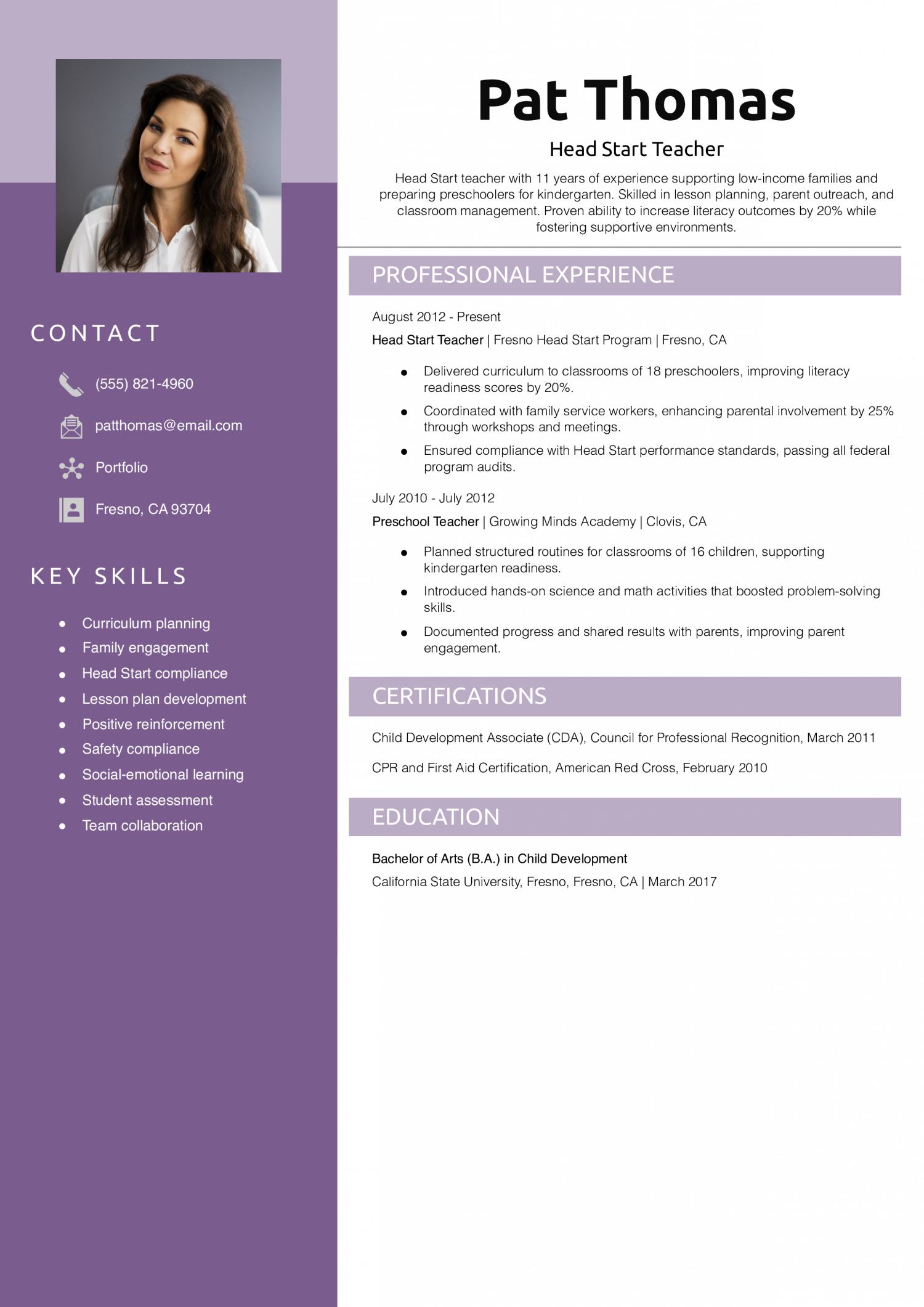 Head Start Teacher Resume