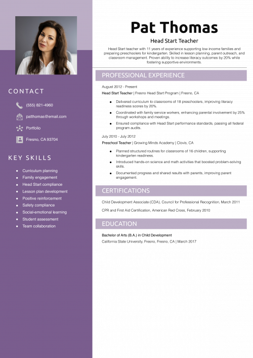 Head Start Teacher Resume
