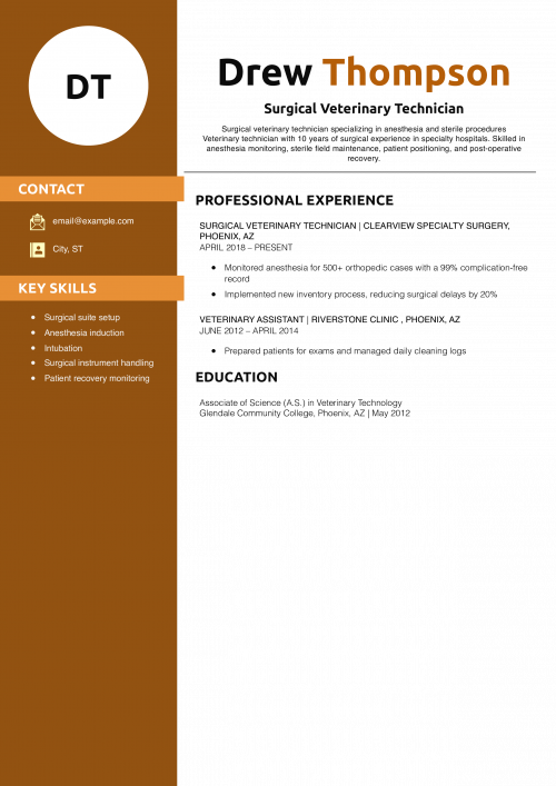 Surgical Veterinary Technician Resume