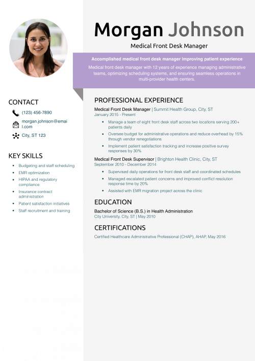 Medical Front Desk Manager Resume Example 
