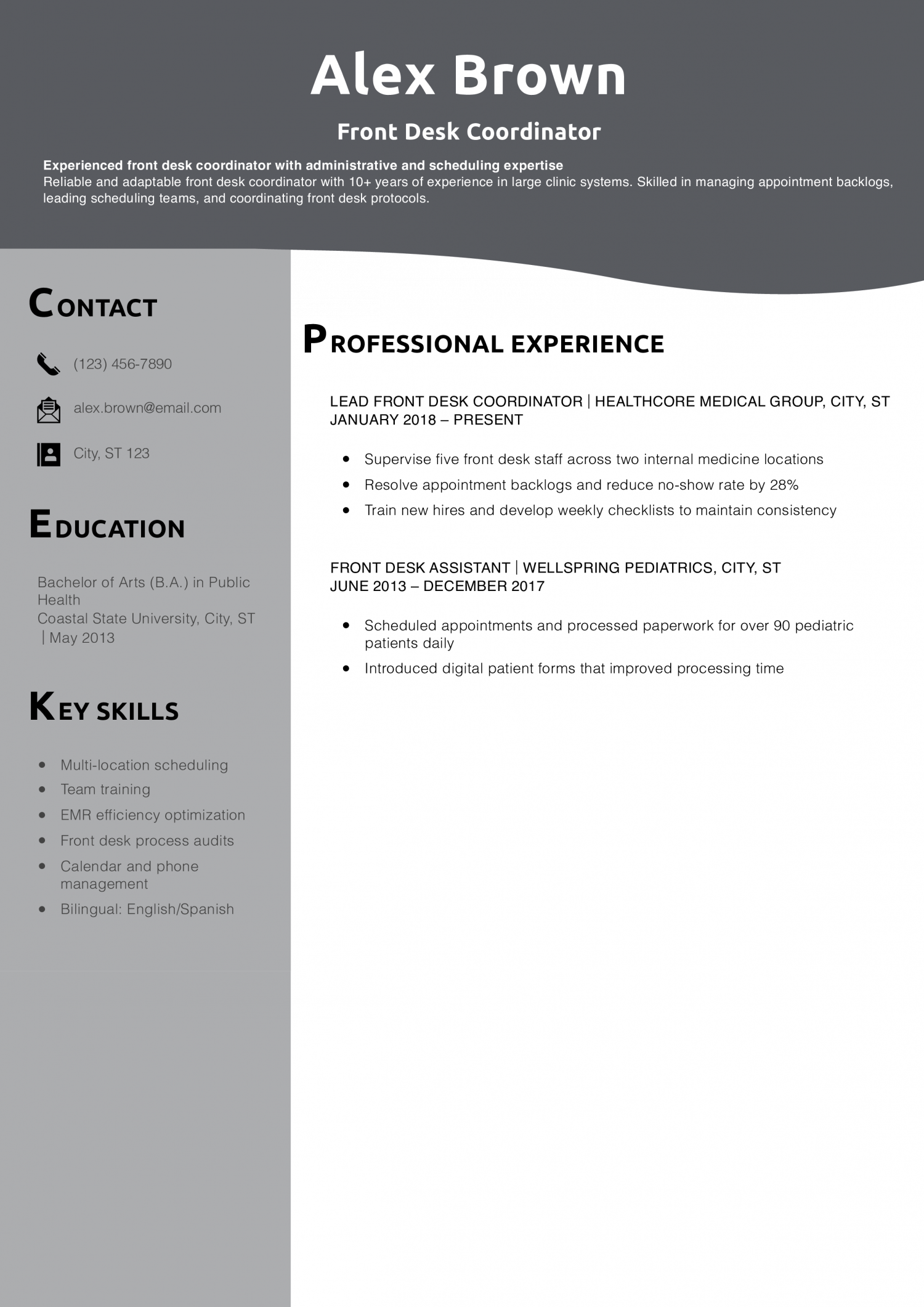 Front Desk Coordinator Resume Example