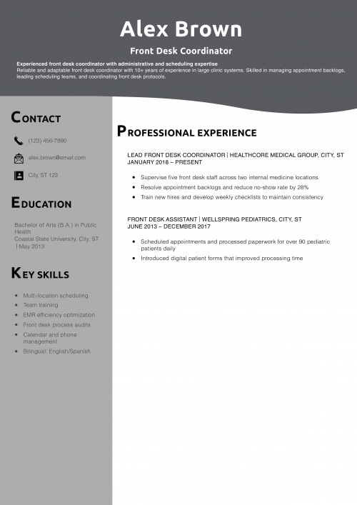Front Desk Coordinator Resume Example