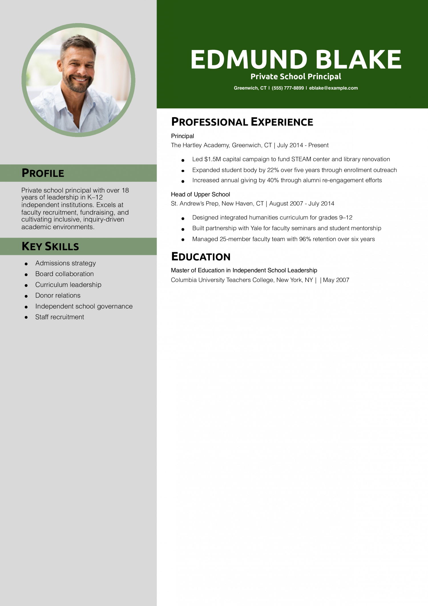 Private School Principal Resume Example