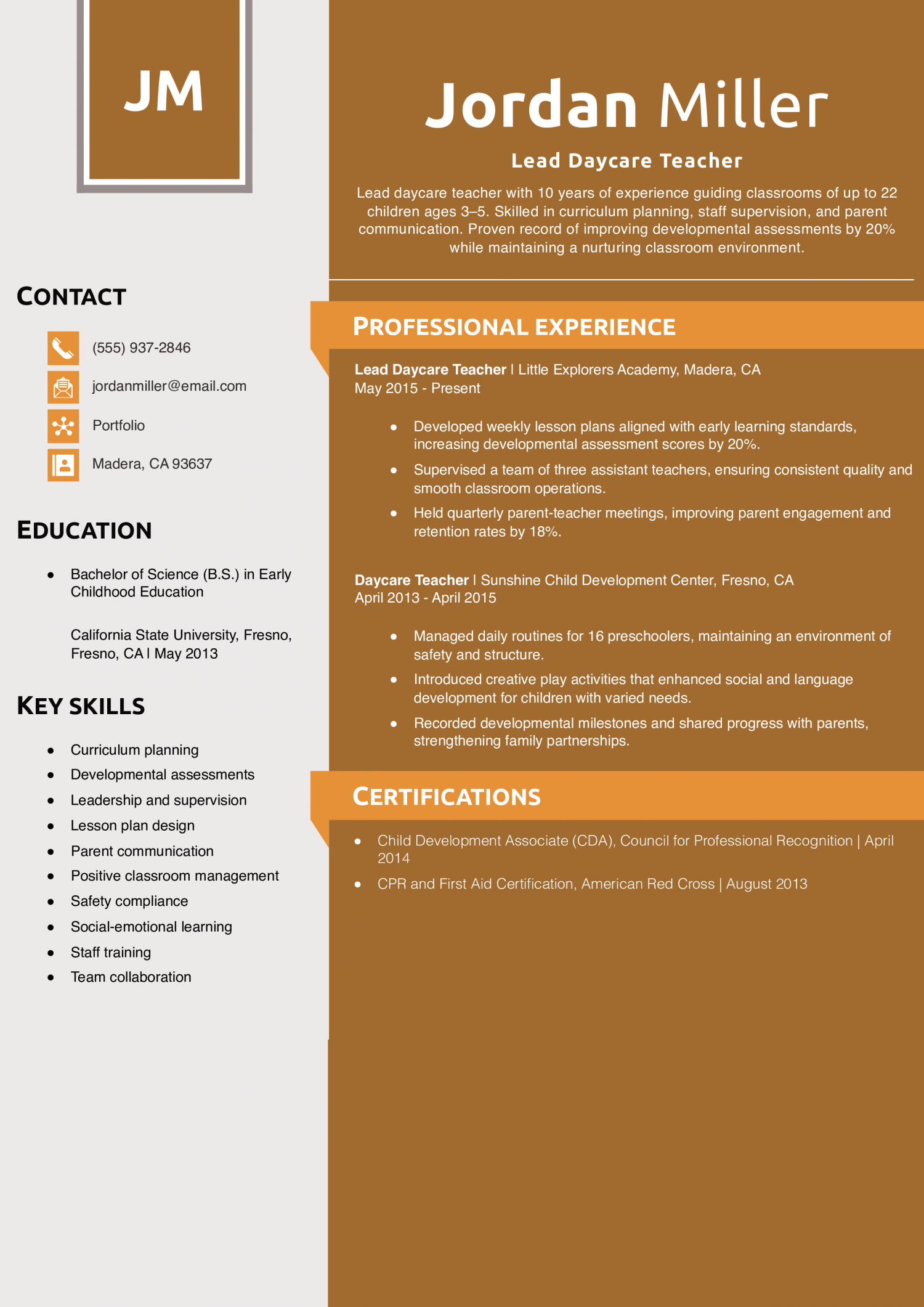 Lead Daycare Teacher Resume