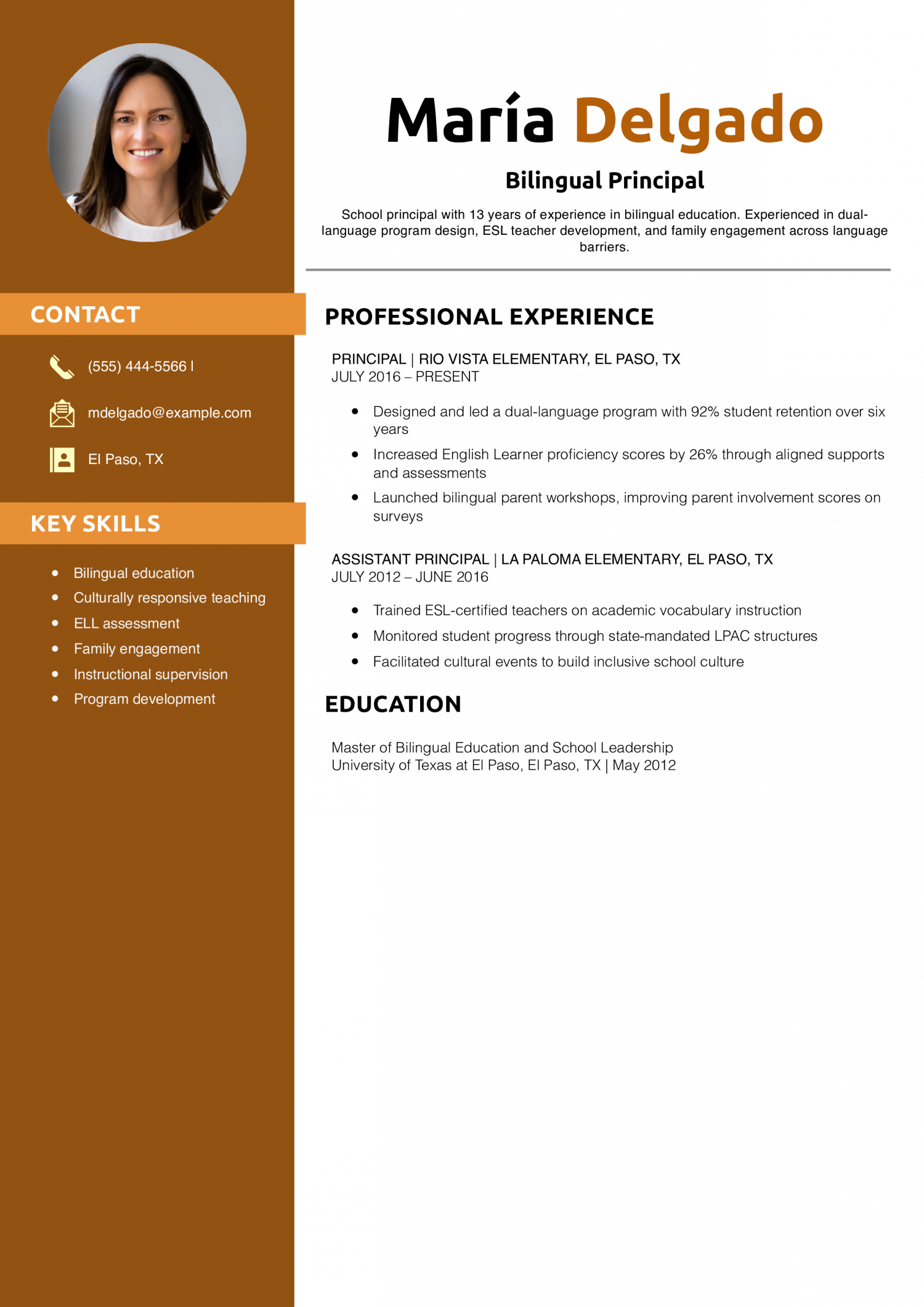 Bilingual Principal Resume Example