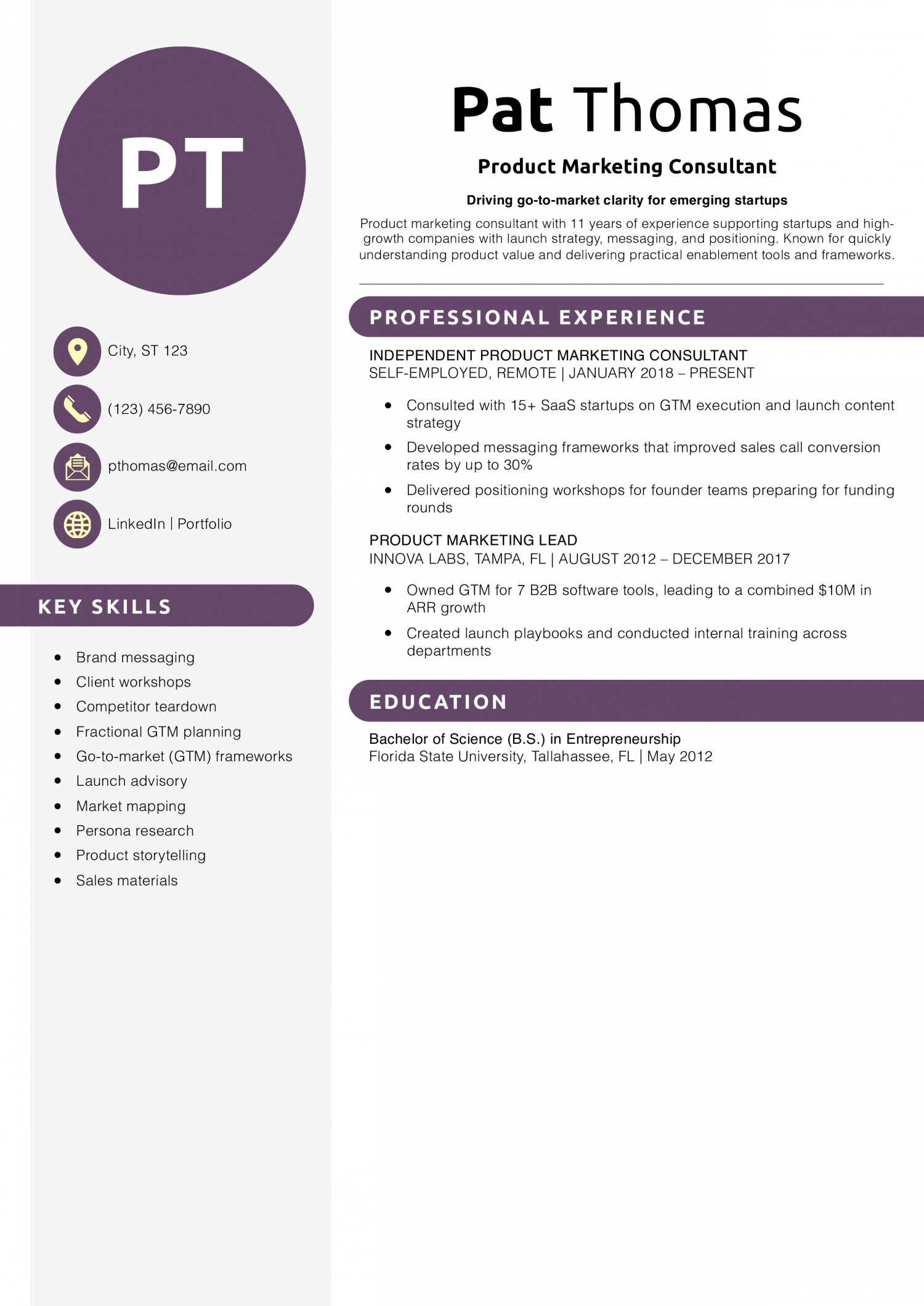 Product Marketing Consultant Resume Example