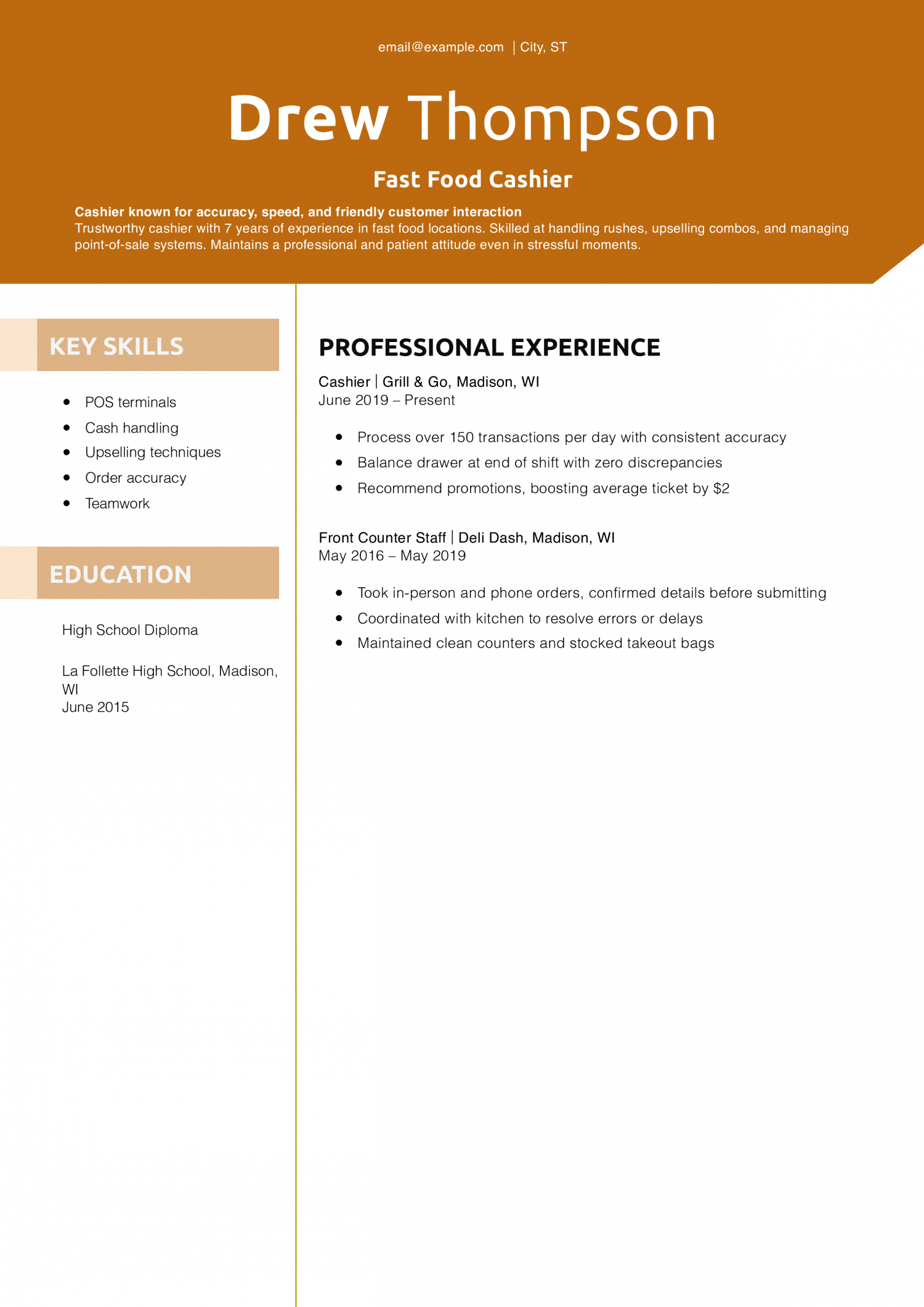 Fast Food Cashier Resume