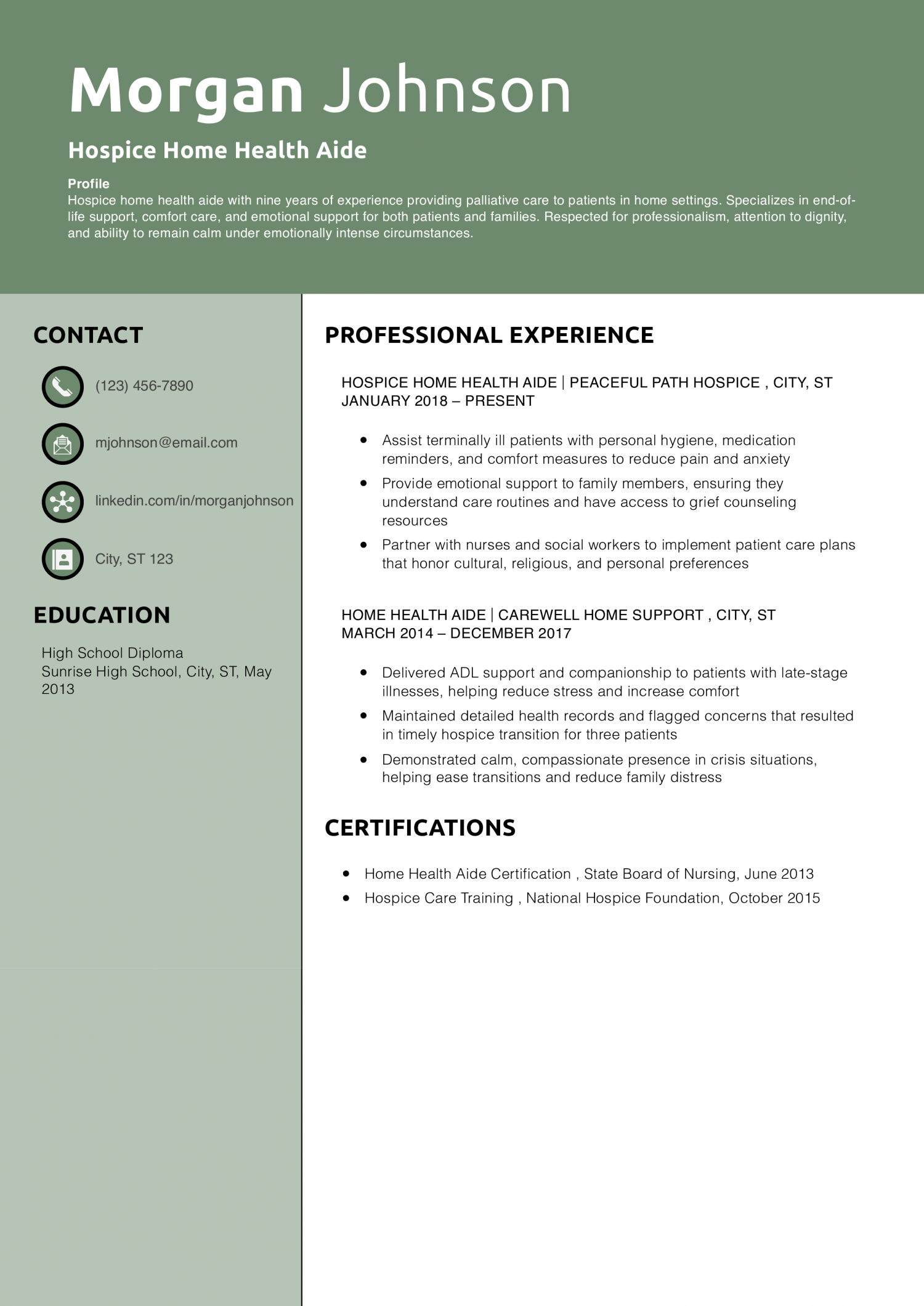 Hospice Home Health Aide  Resume Example