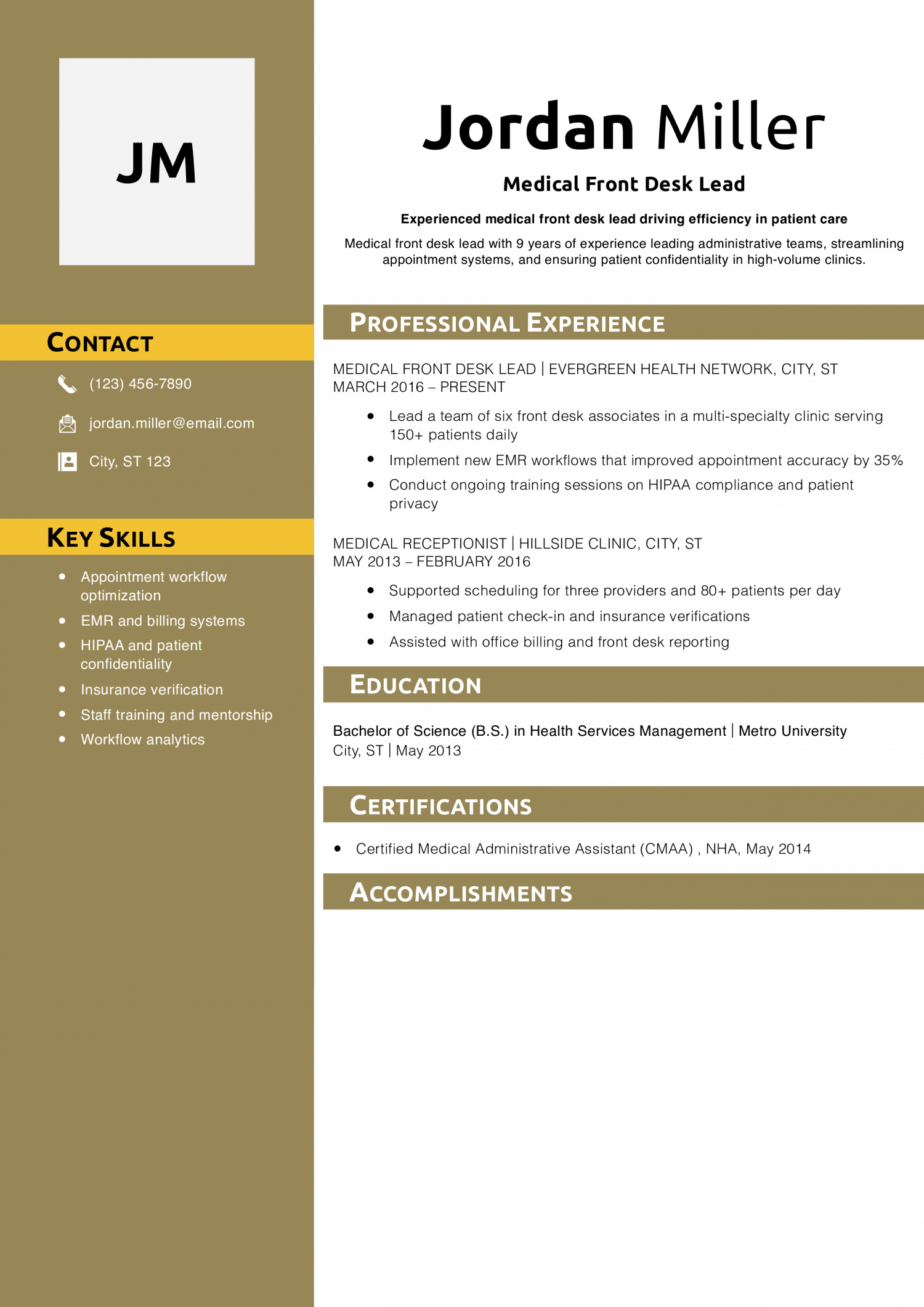 Medical Front Desk Lead Resume Example