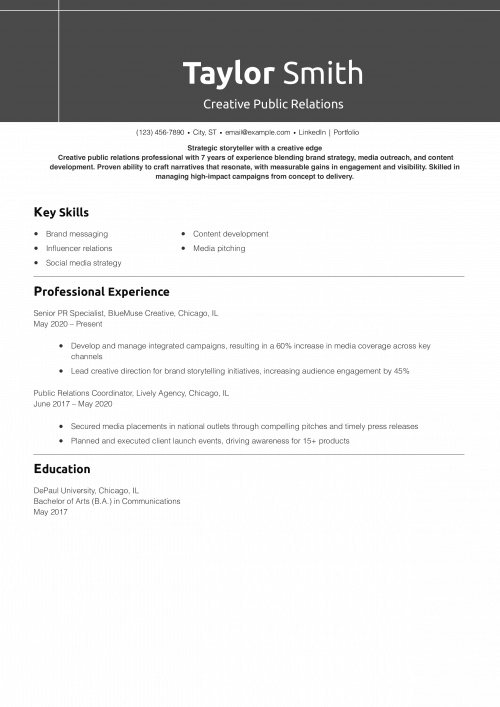 Creative Public Relations Resume