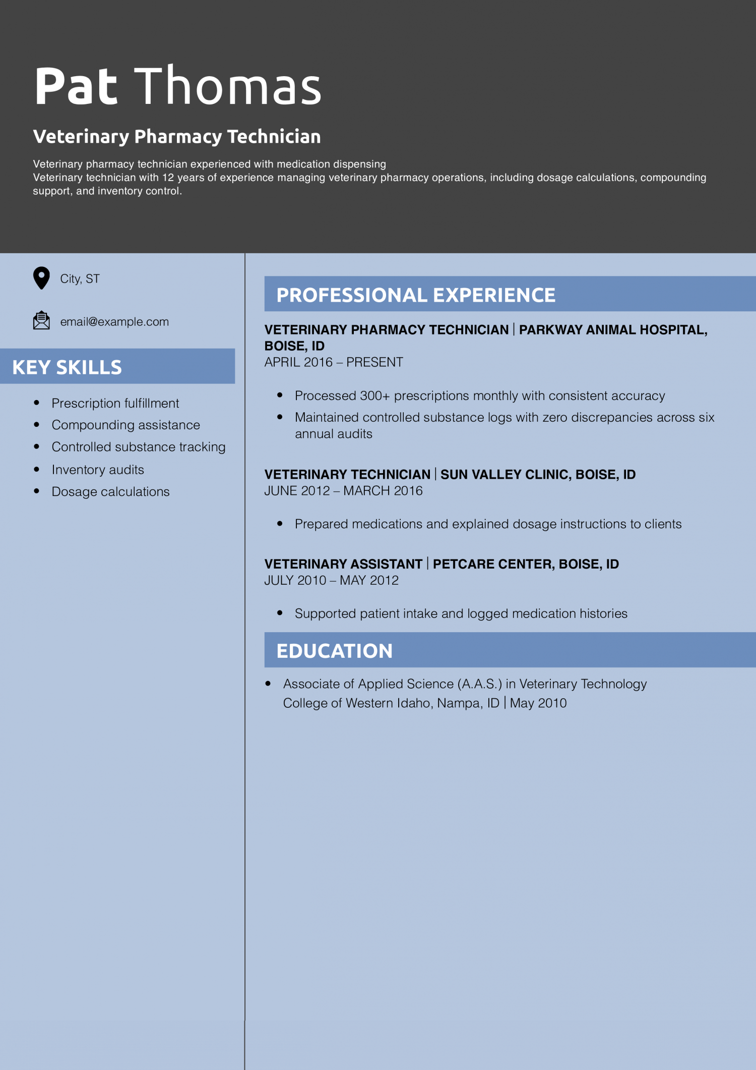 Veterinary Pharmacy Technician Resume