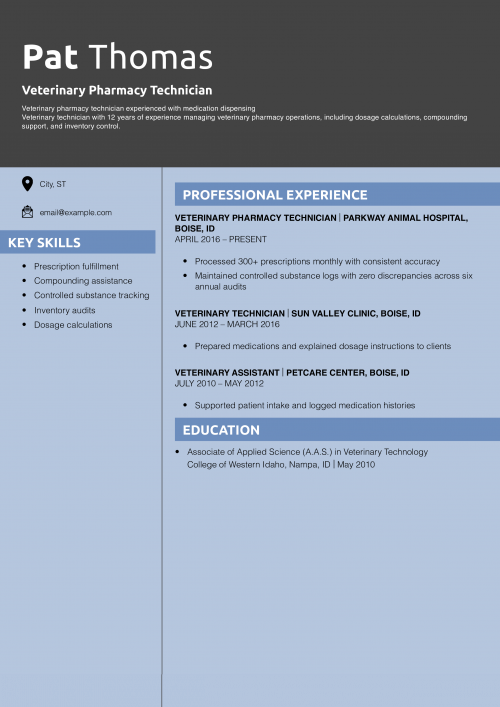 Veterinary Pharmacy Technician Resume