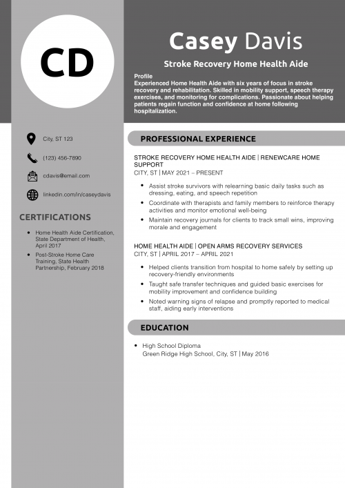 Stroke Recovery Home Health Aide  Resume Example