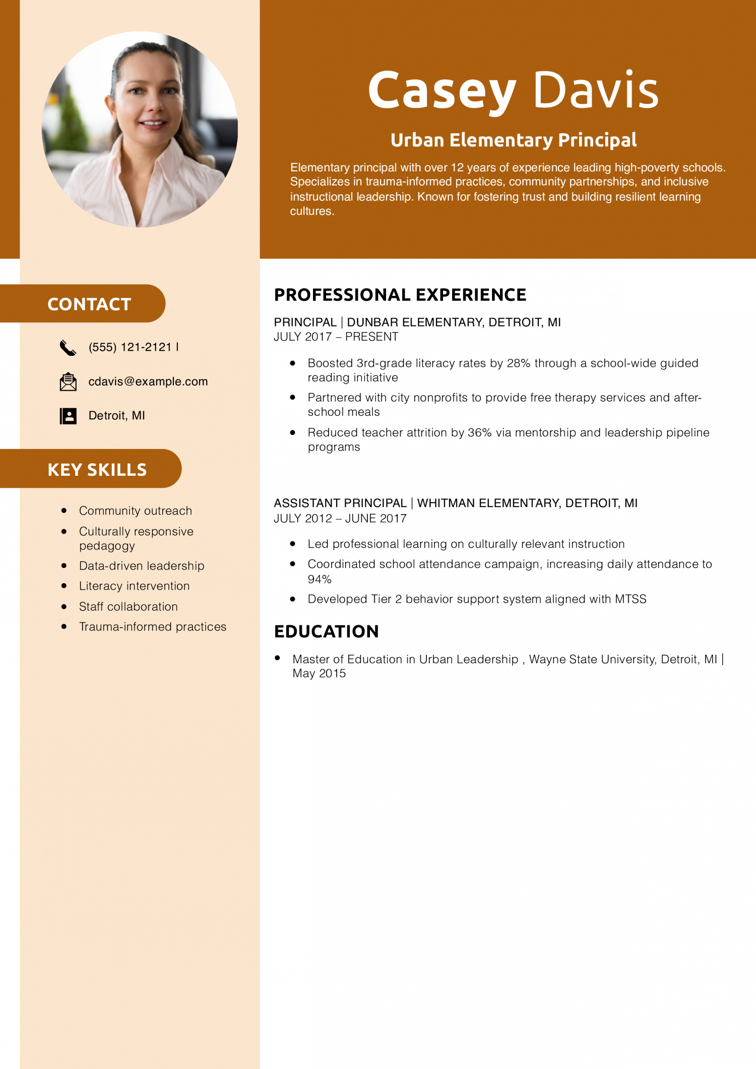 Urban Elementary Principal Resume Example