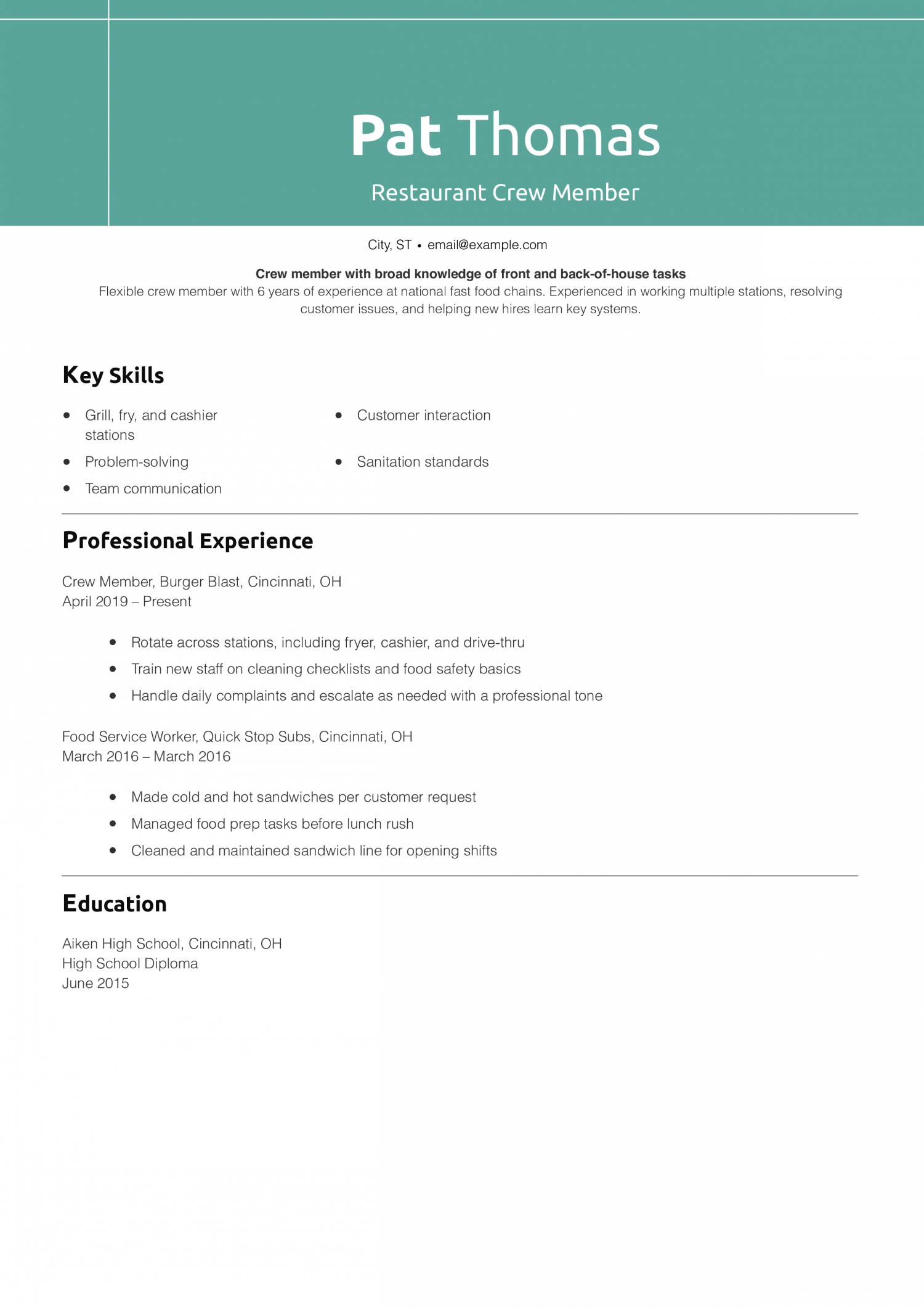 Restaurant Crew Member Resume