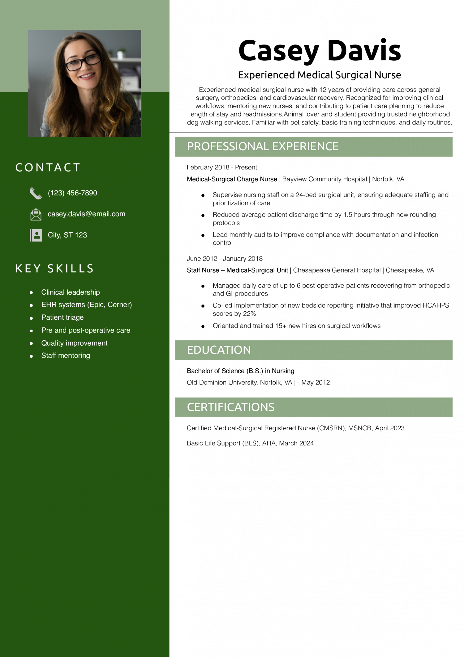 Experienced Medical Surgical Nurse Resume Example