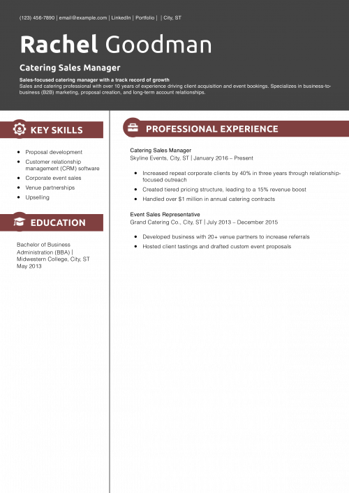 Catering Sales Manager Resume Example