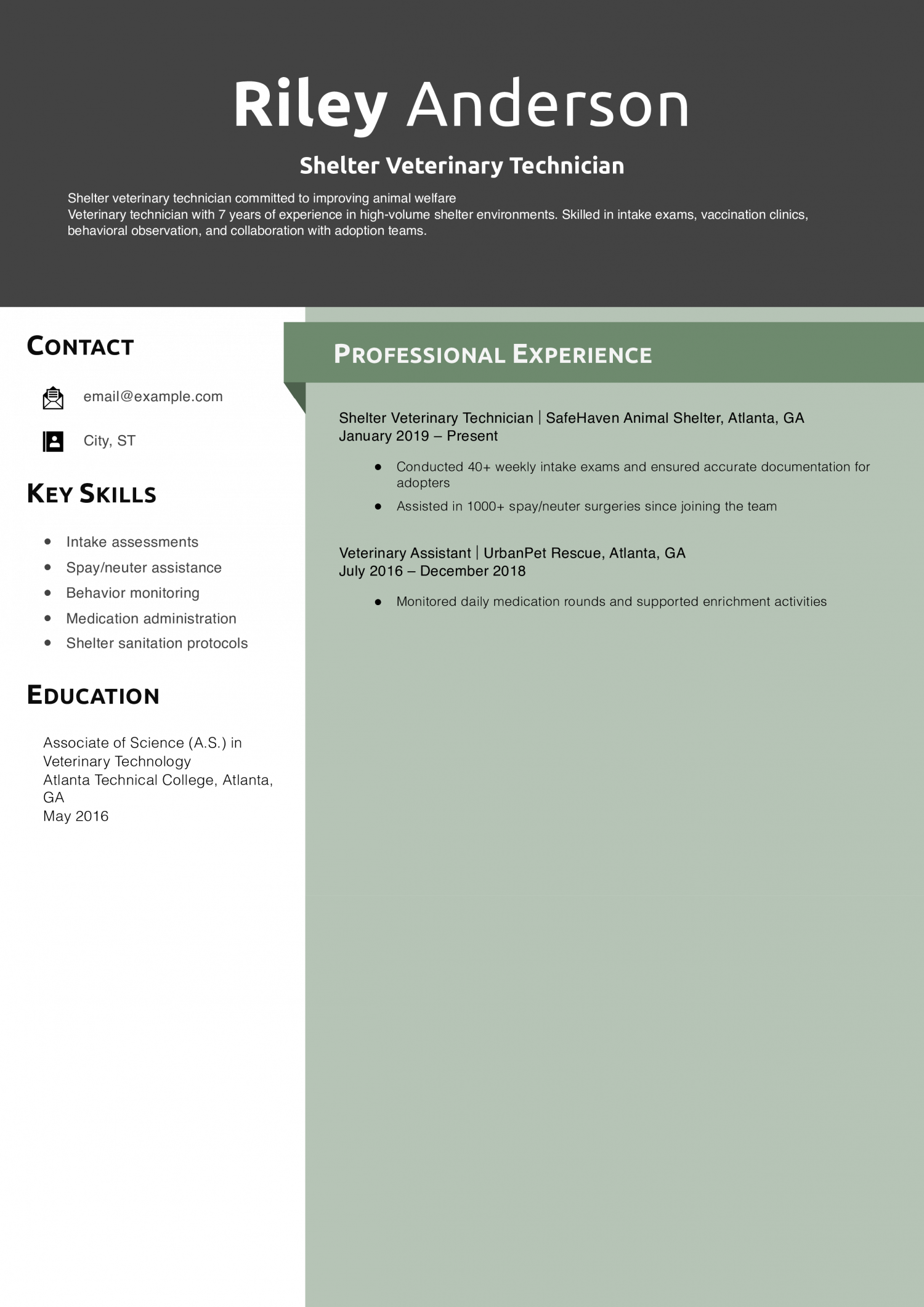 Shelter Veterinary Technician Resume