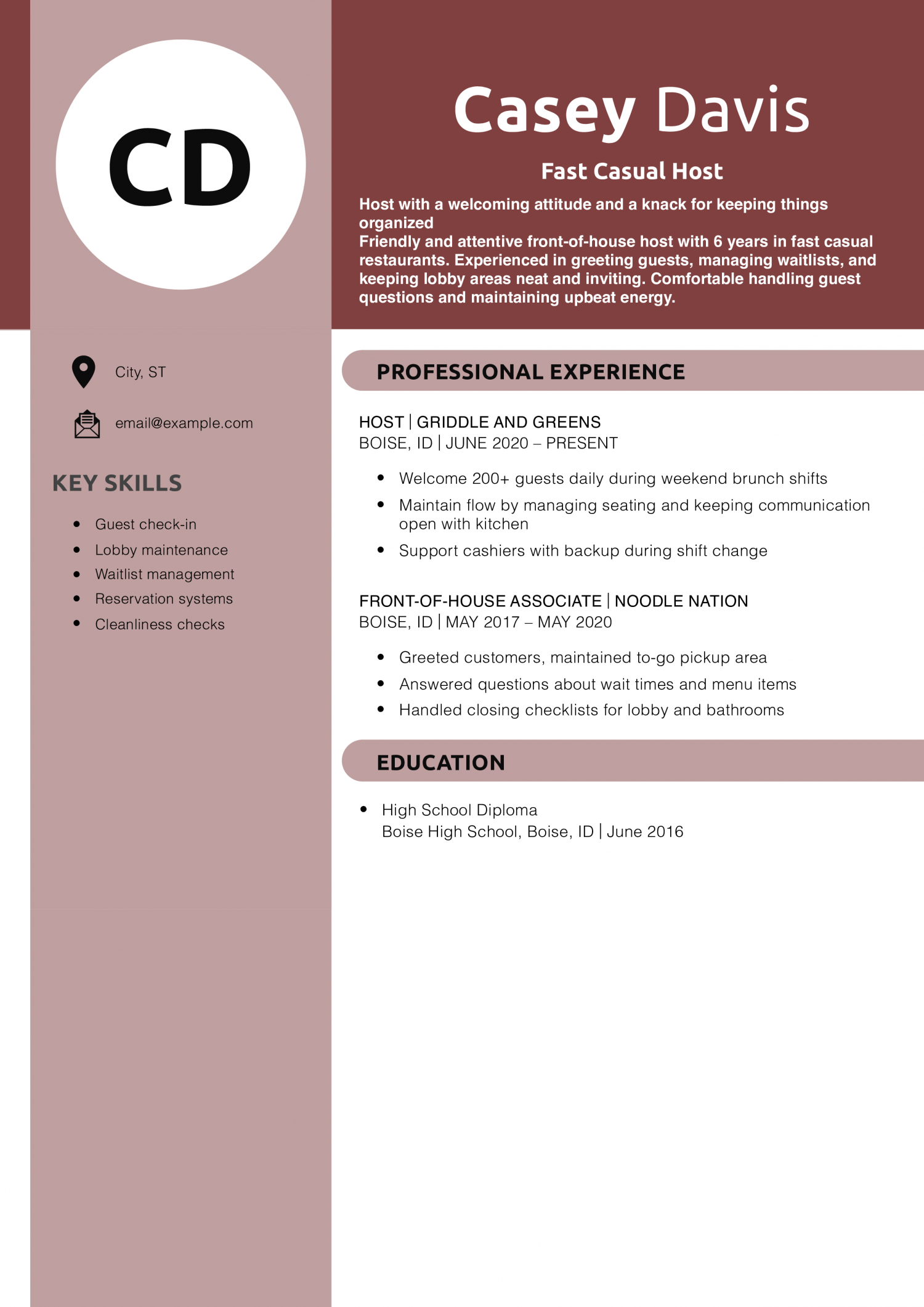 Fast Casual Host Resume
