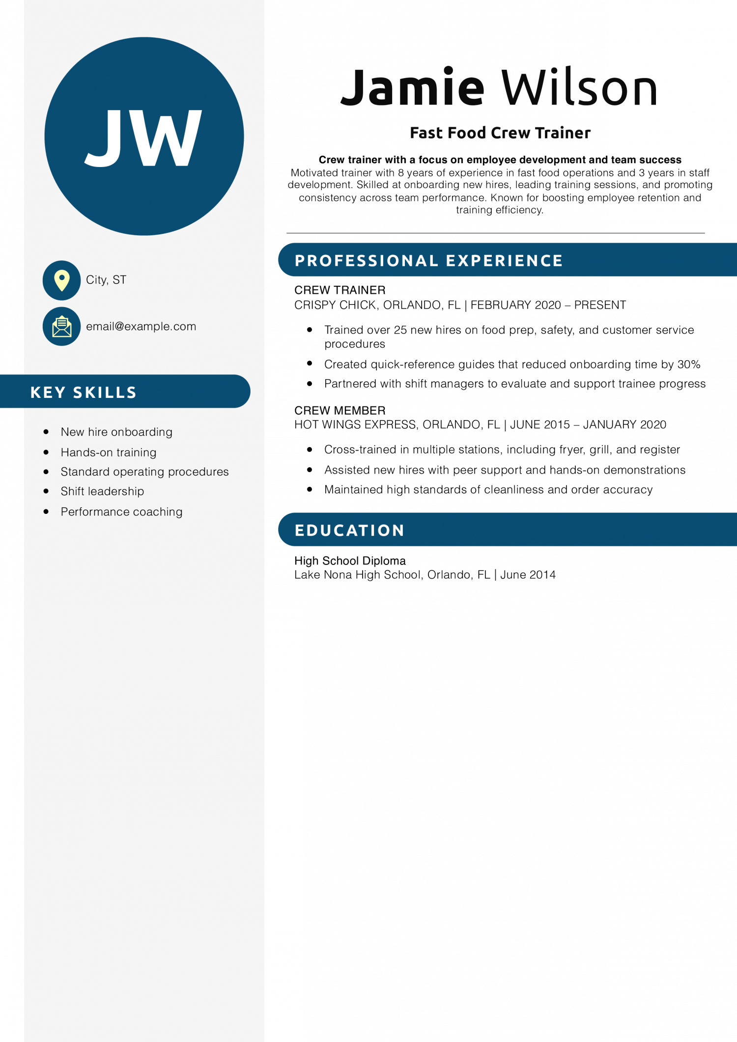 Fast Food Crew Trainer Resume