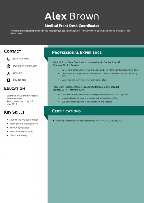 Medical Front Desk Coordinator Resume Example