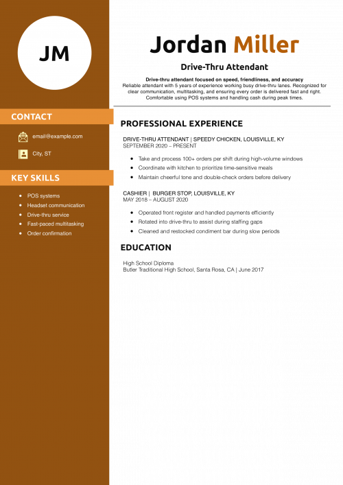 Drive-Thru Attendant Resume