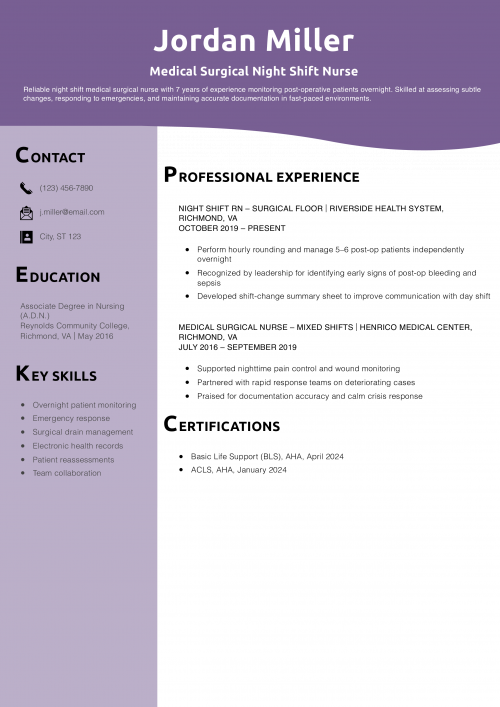 Medical Surgical Night Shift Nurse Resume Example