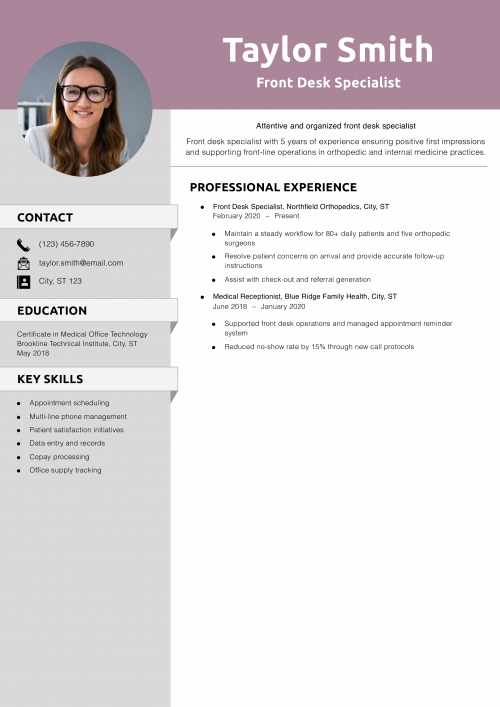 Front Desk Specialist Resume Example