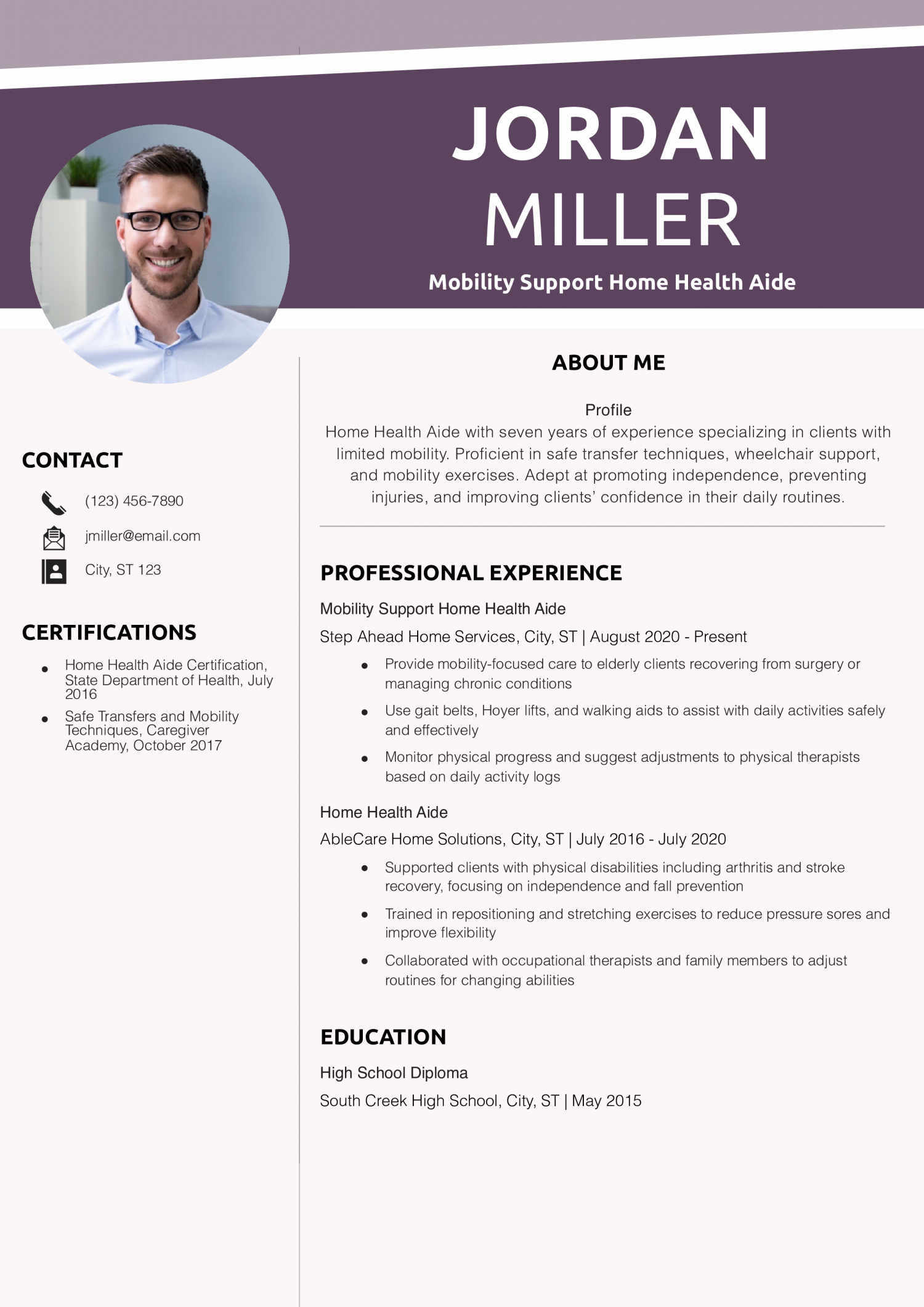 Mobility Support Home Health Aide Resume Example