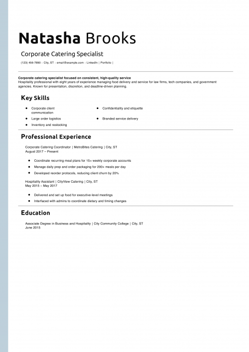 Corporate Catering Specialist Resume Example