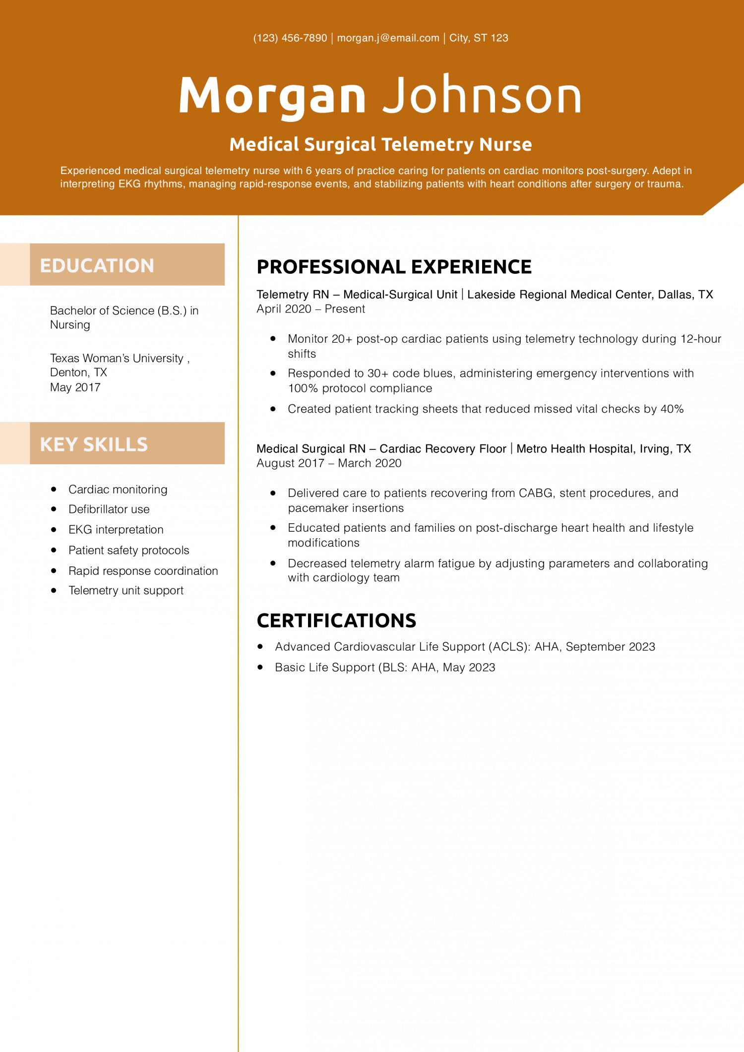 Medical Surgical Telemetry Nurse Resume Example