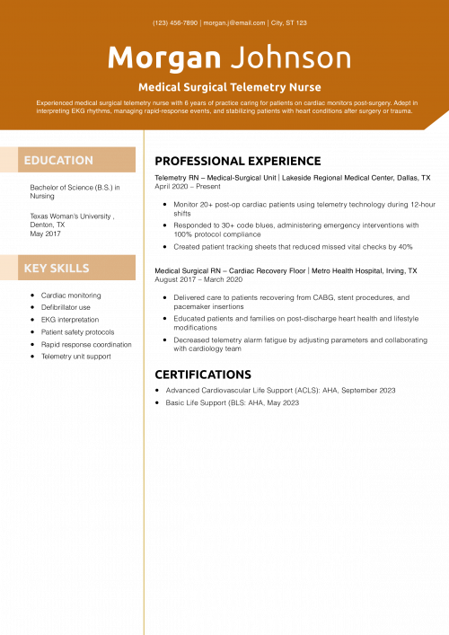 Medical Surgical Telemetry Nurse Resume Example