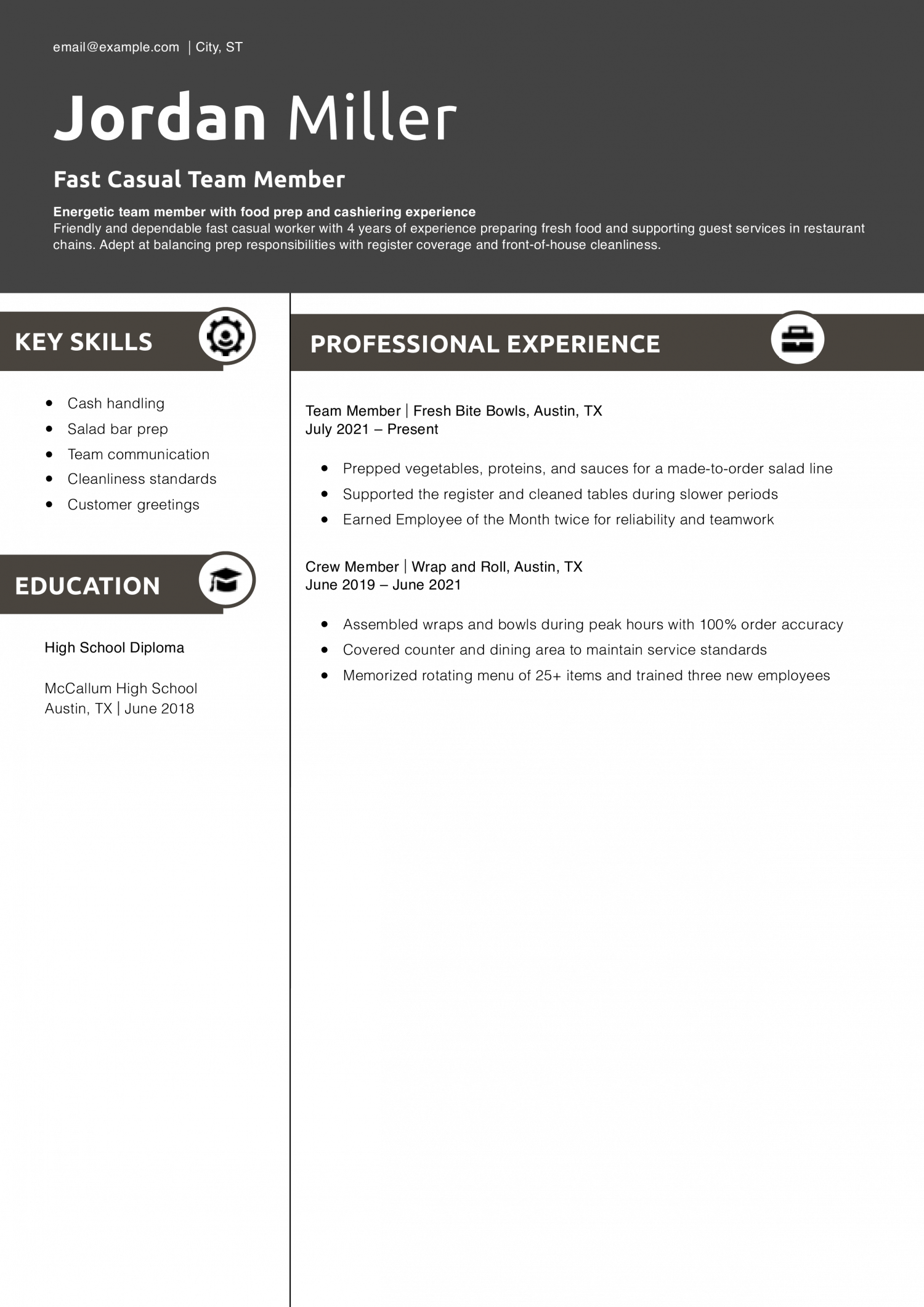 Fast Casual Team Member Resume