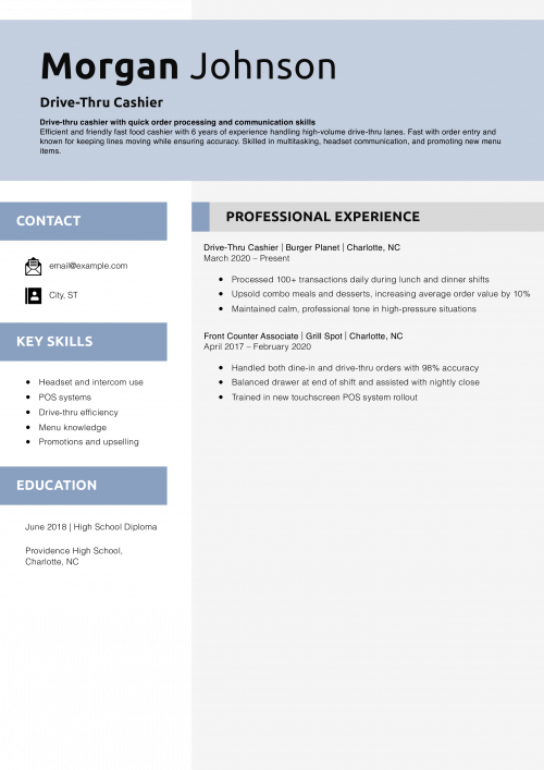 Drive-Thru Cashier Resume