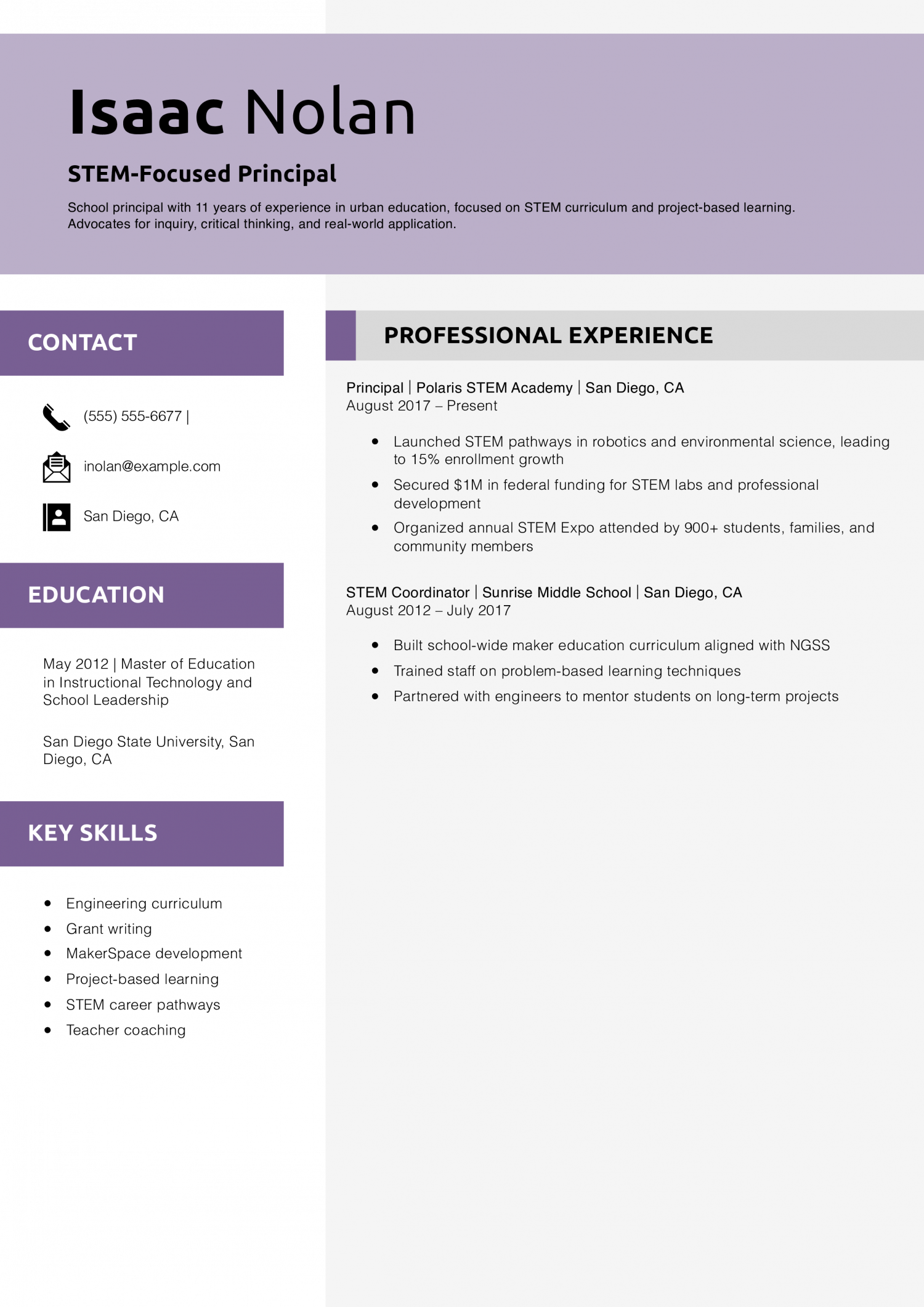 STEM-Focused Principal Resume Example