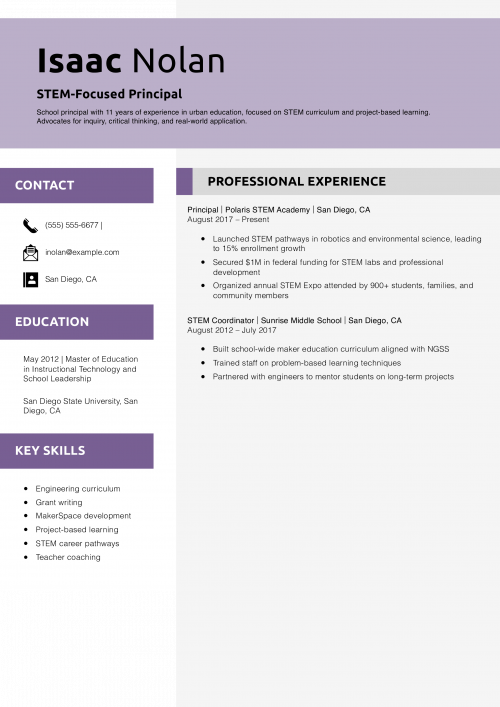 STEM-Focused Principal Resume Example