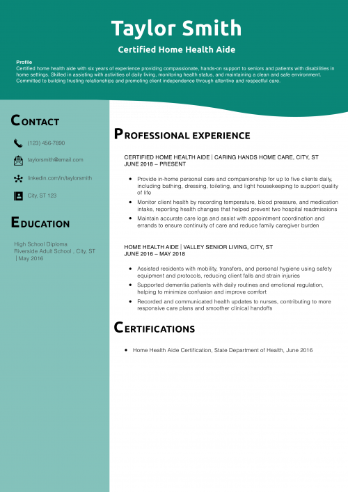 Certified Home Health Aide  Resume Example