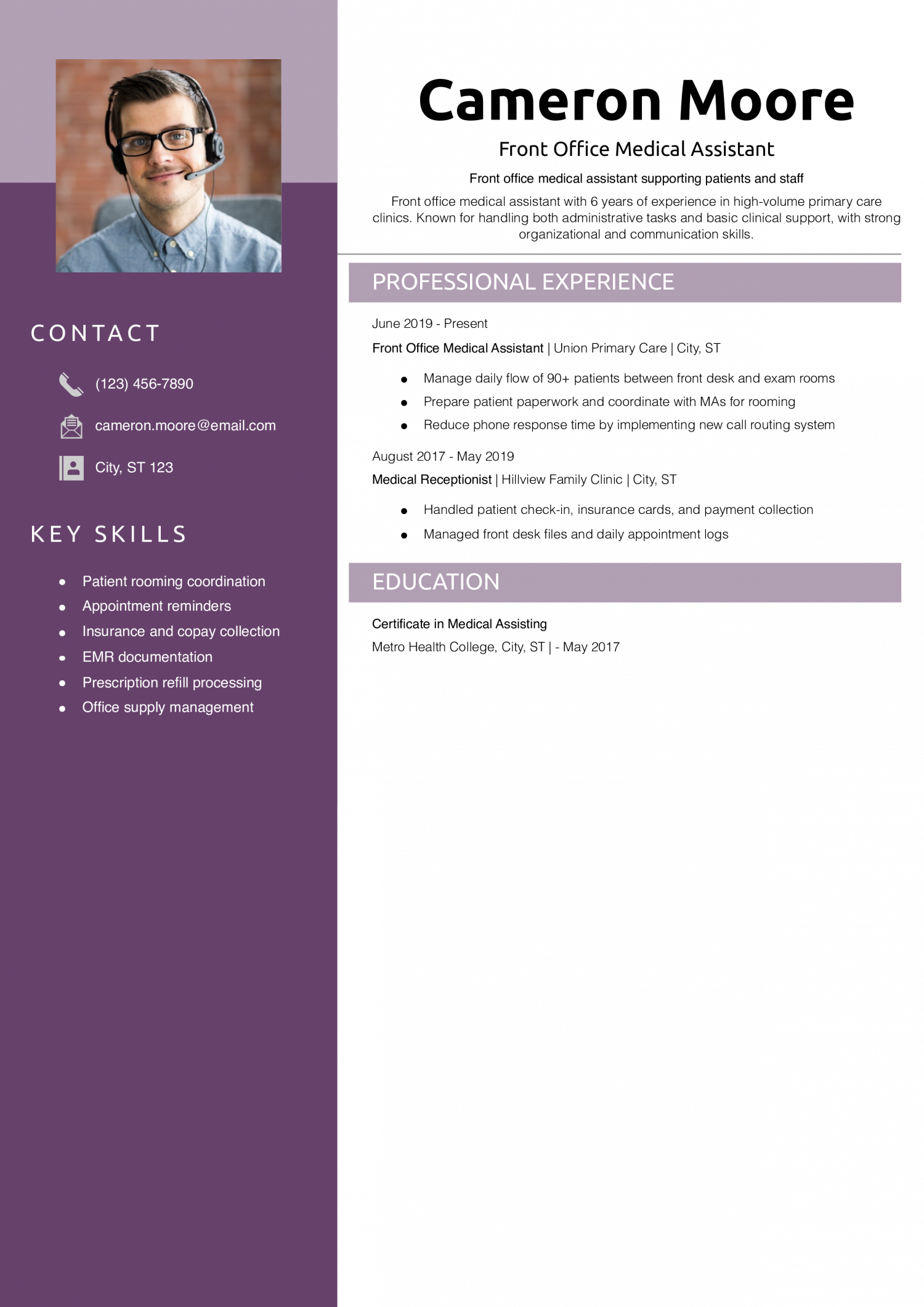 Front Office Medical Assistant Resume Example