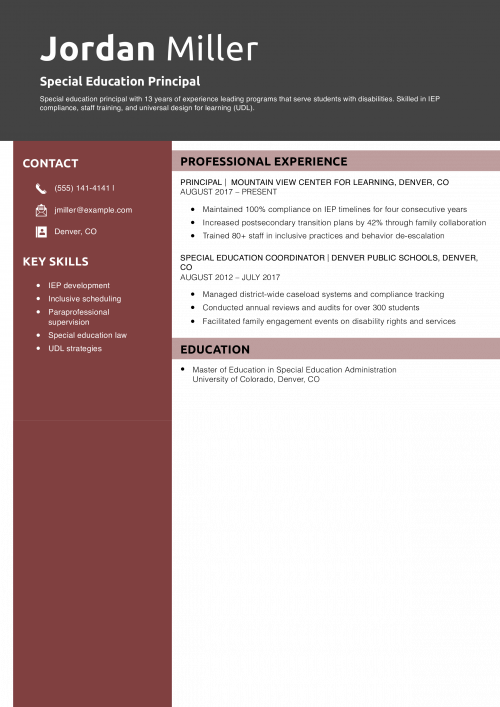 Special Education Principal Resume    Example