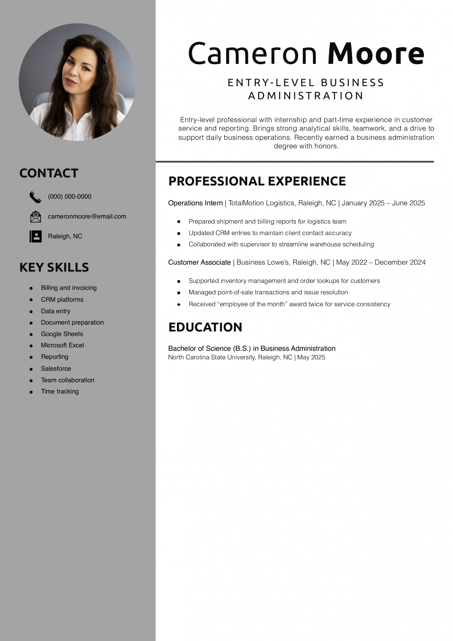 Entry-level business administration resume 