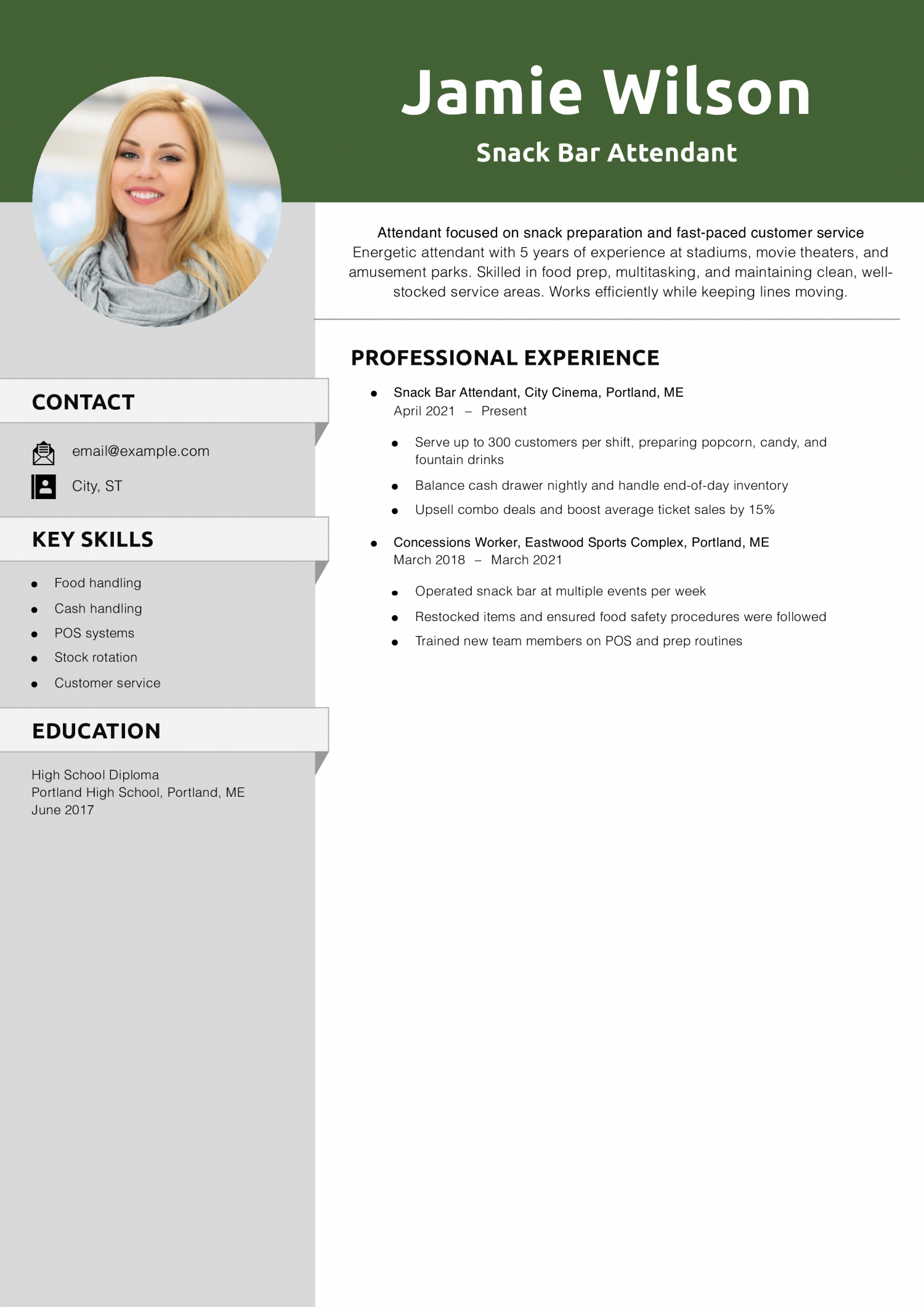 Snack Bar Attendant Resume