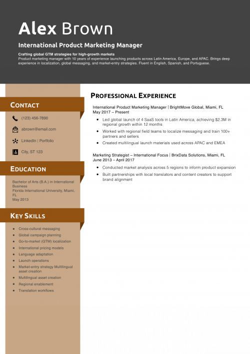 International Product Marketing Manager Resume Example