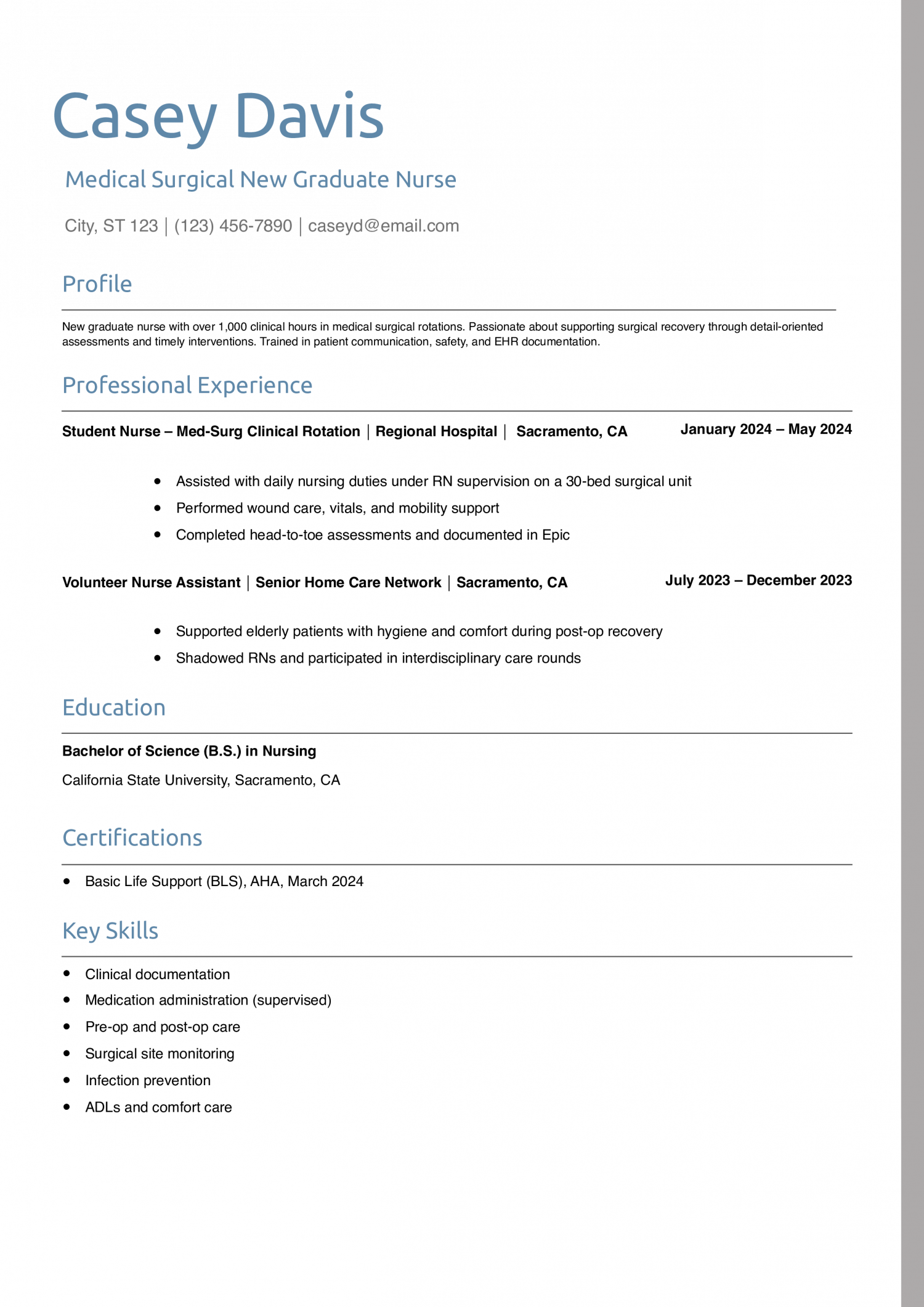 Medical Surgical New Graduate Nurse Resume Example