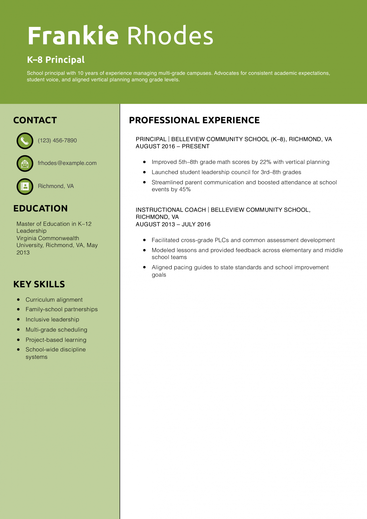 K–8 Principal Resume Example