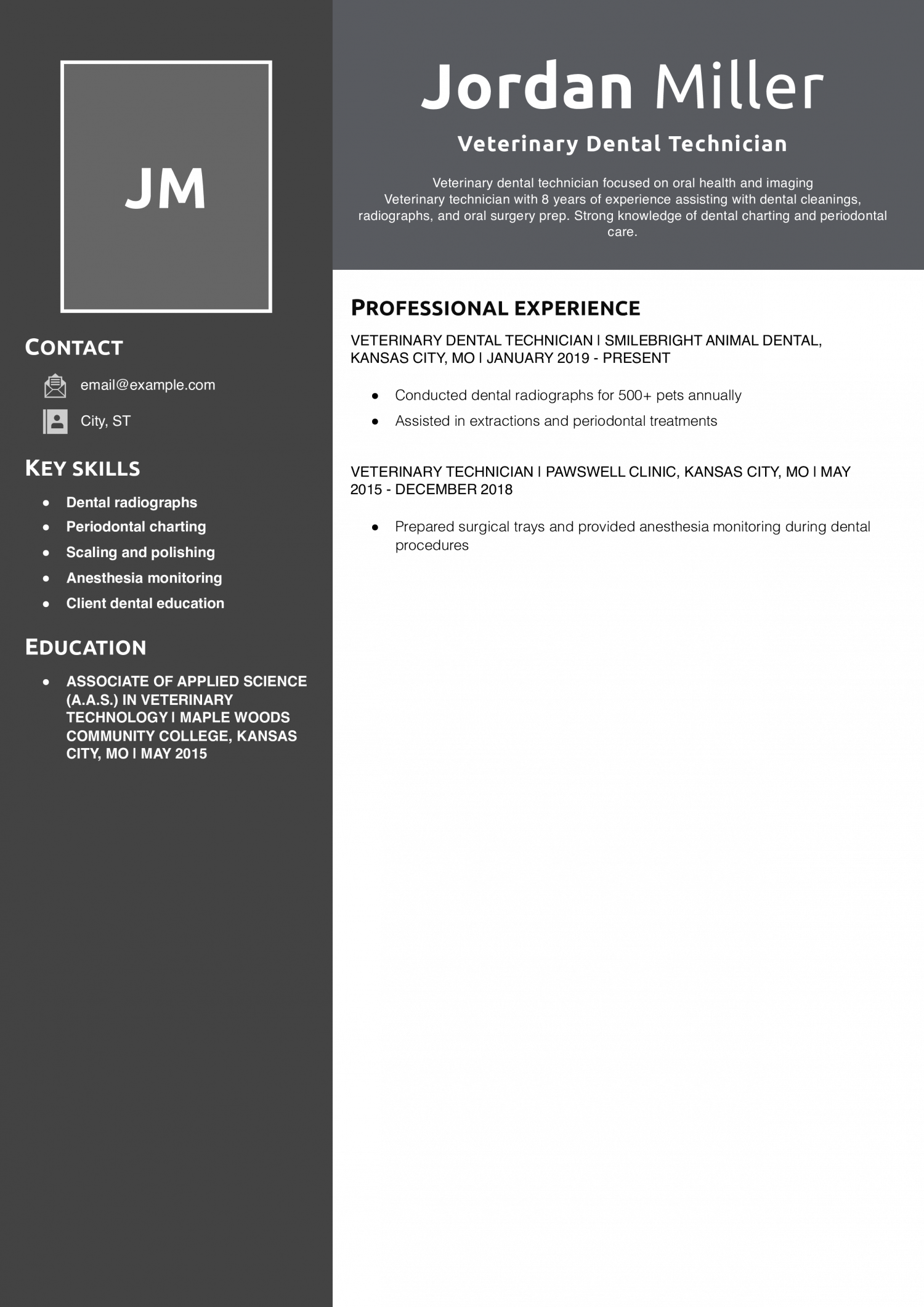 Veterinary Dental Technician Resume